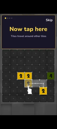 7 Square tutorial card saying "Now tap here", with a hand pointing at the route a tile will travel.