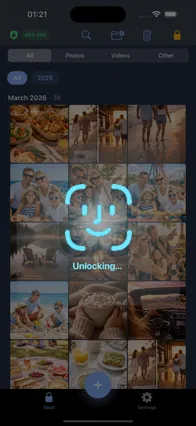 Face ID unlocking the LockBox vault, with the contents dimmed behind it