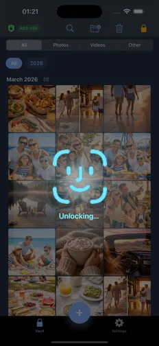 Face ID unlocking the LockBox vault, with the contents dimmed behind it