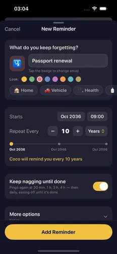 The new-reminder form set to repeat every 10 years, with a timeline scrubber running from 2036 to 2056