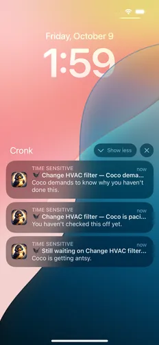 An iPhone Lock Screen with three stacked Time Sensitive Cronk notifications, each more insistent than the last