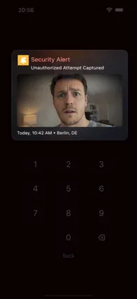 A LockBox security alert showing a photo of an unauthorised person, with time and place